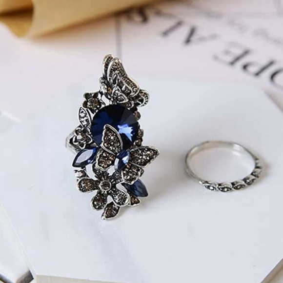 2 PC Rhinestone Decor Butterfly Ring Set - Picture 2 of 5